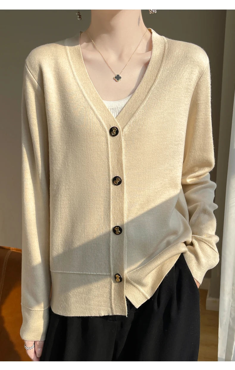 Spring New 100% Wool V-neck Sweater Cardigan