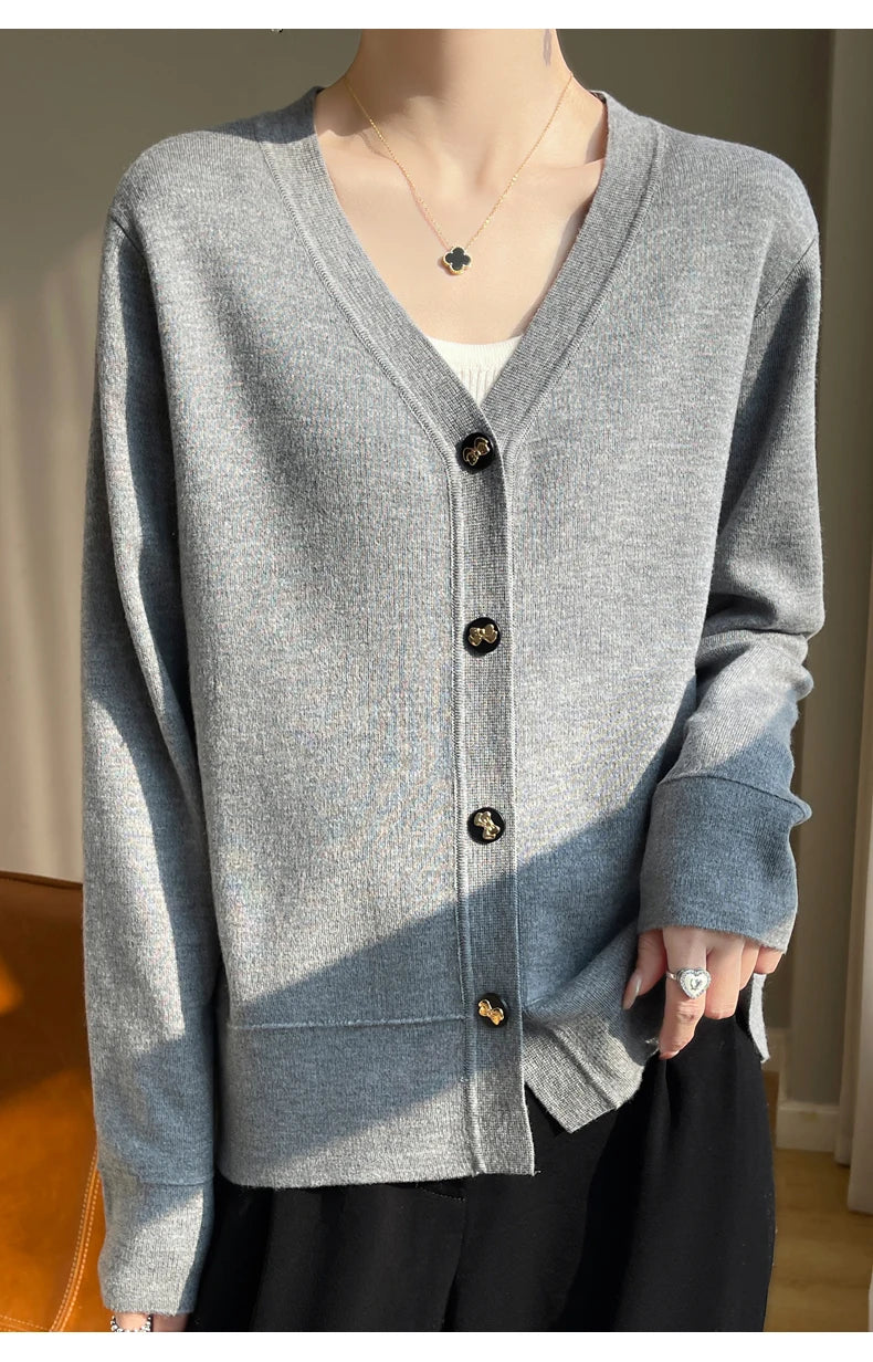 Spring New 100% Wool V-neck Sweater Cardigan