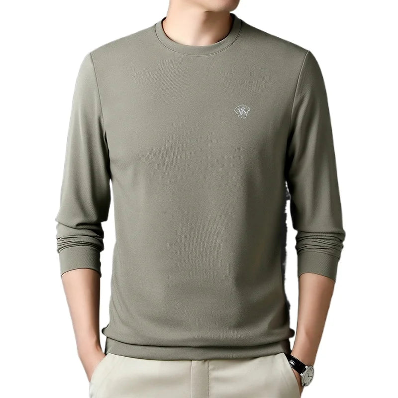 High Quality Men's Casual T-shirt Long Sleeve Solid Letter Round Neck Pullover Top