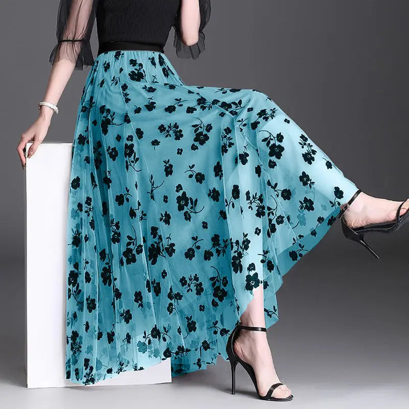 Flocking Floral Pirnted Long Mesh Skirt Women