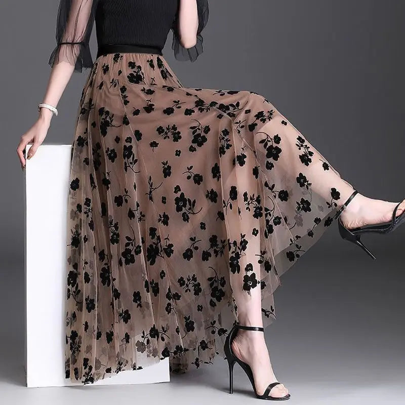 Flocking Floral Pirnted Long Mesh Skirt Women