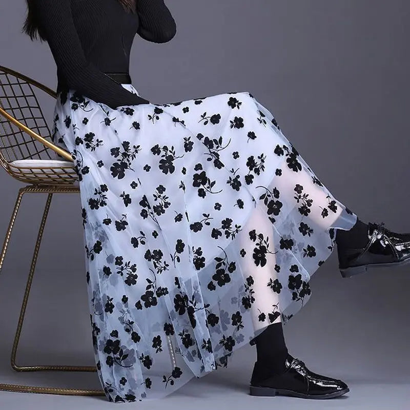 Flocking Floral Pirnted Long Mesh Skirt Women
