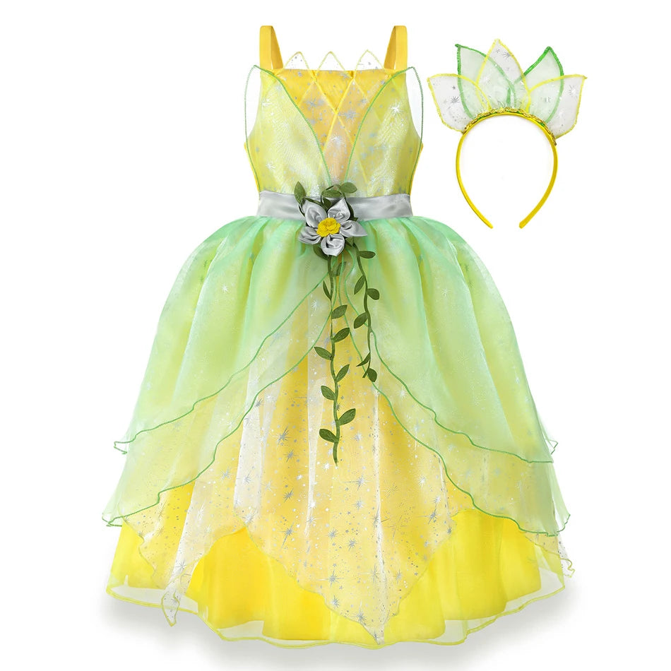 Tiana Dress Girl Black Princess Costume Halloween or Summer Theme Party Outfit