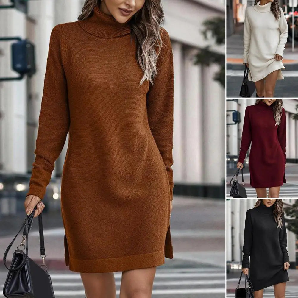 Turtleneck Long Sleeve Side Split Hem Pullover Dress