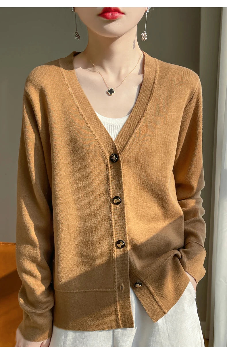 Spring New 100% Wool V-neck Sweater Cardigan