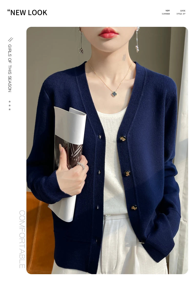 Spring New 100% Wool V-neck Sweater Cardigan