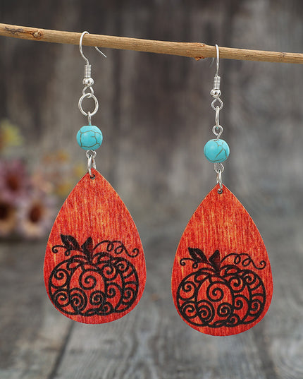Turquoise Wooden Pumpkin Teardrop Earrings
