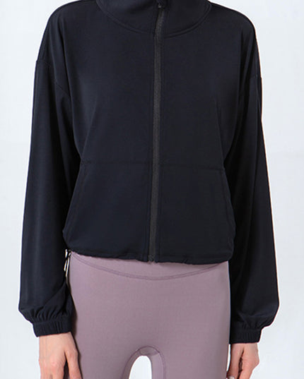 Drawstring Zip Up Dropped Shoulder Active Outerwear