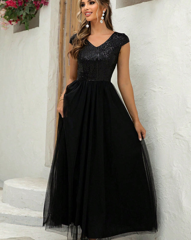 Sequin V-Neck Mesh Maxi Dress