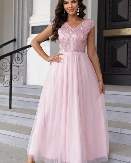 Sequin V-Neck Mesh Maxi Dress