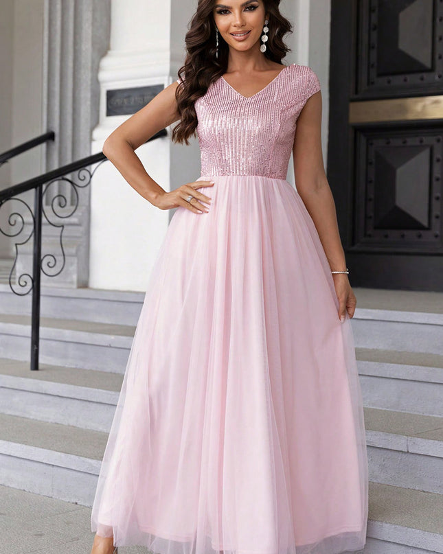 Sequin V-Neck Mesh Maxi Dress