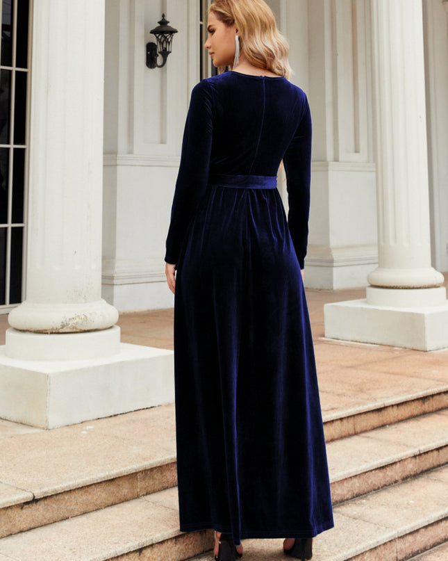 Tie Front Round Neck Long Sleeve Maxi Dress
