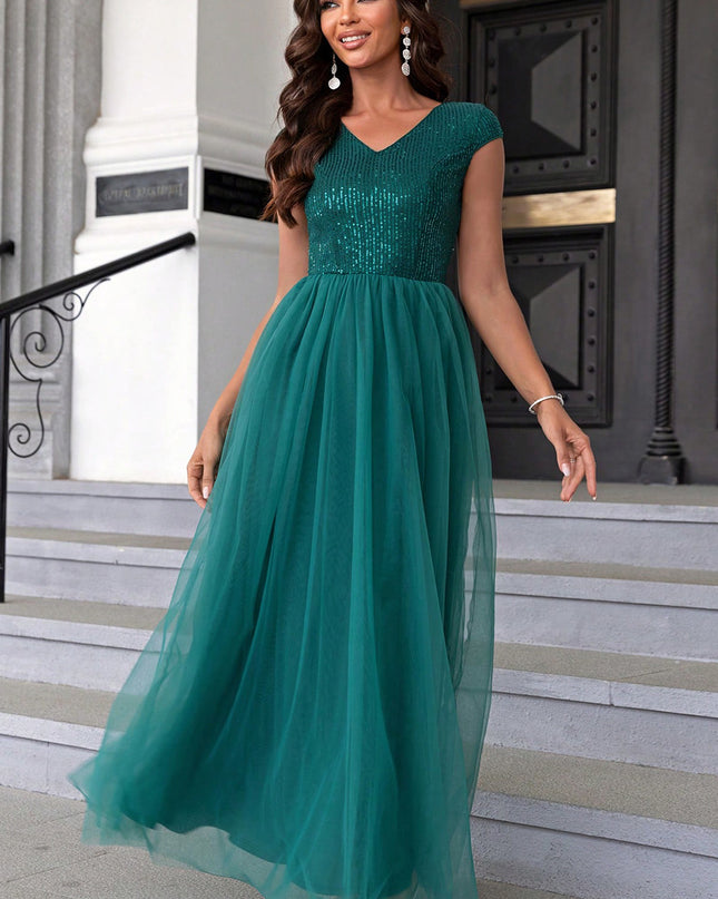 Sequin V-Neck Mesh Maxi Dress