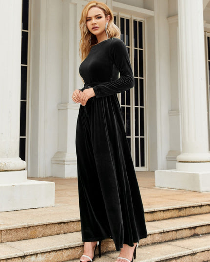 Tie Front Round Neck Long Sleeve Maxi Dress