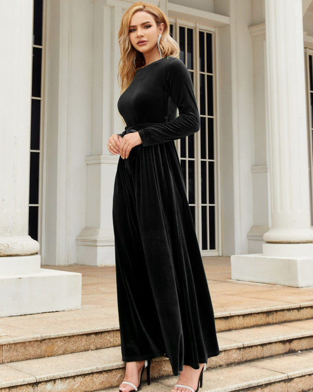 Tie Front Round Neck Long Sleeve Maxi Dress