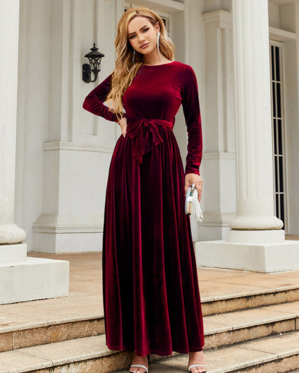 Tie Front Round Neck Long Sleeve Maxi Dress