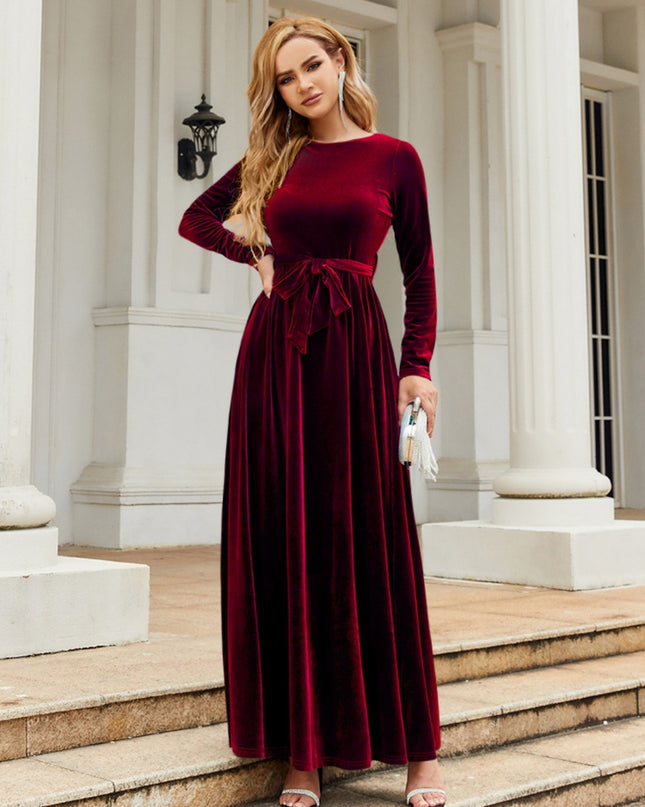Tie Front Round Neck Long Sleeve Maxi Dress