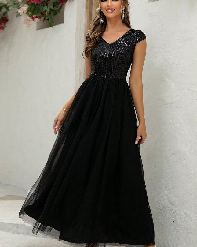 Sequin V-Neck Mesh Maxi Dress