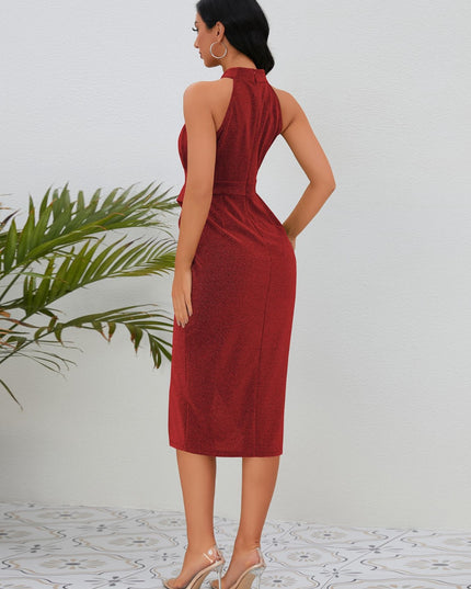 Slit Ruched Mock Neck Sleeveless Dress