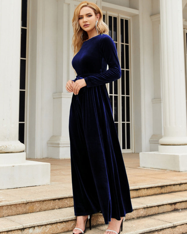 Tie Front Round Neck Long Sleeve Maxi Dress