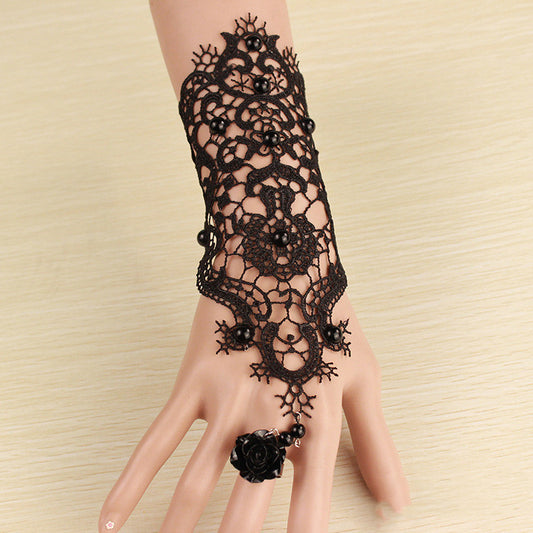 Black Lace Bracelet Band Ring Integrated Chain
