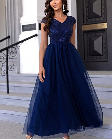Sequin V-Neck Mesh Maxi Dress