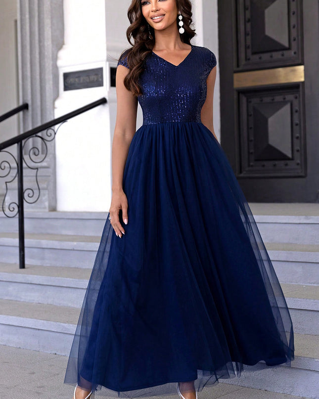 Sequin V-Neck Mesh Maxi Dress