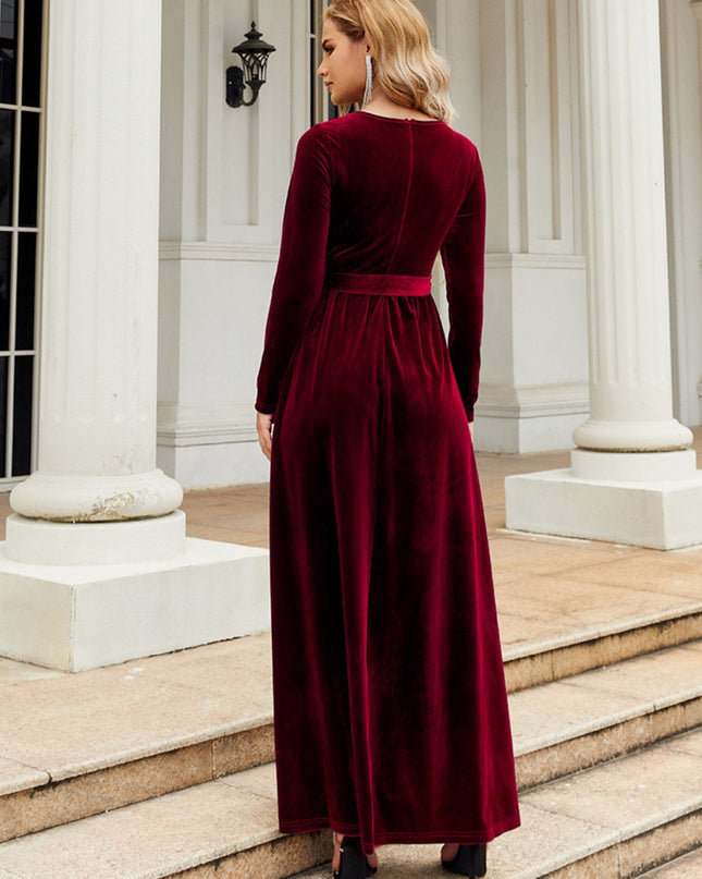Tie Front Round Neck Long Sleeve Maxi Dress
