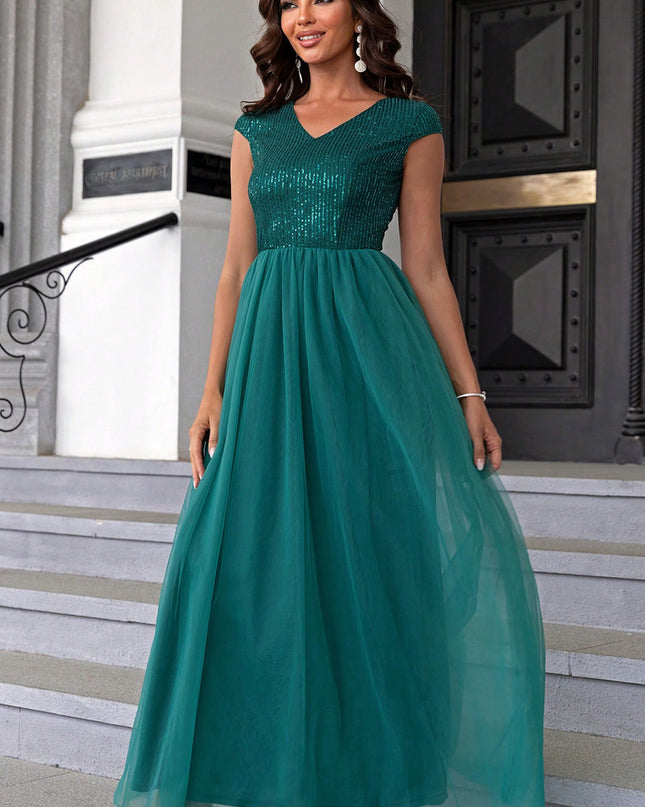 Sequin V-Neck Mesh Maxi Dress