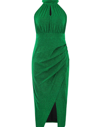 Slit Ruched Mock Neck Sleeveless Dress