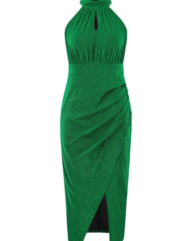 Slit Ruched Mock Neck Sleeveless Dress