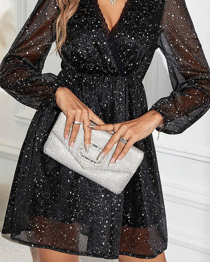 Glitter Surplice Long Sleeve Mini Dress