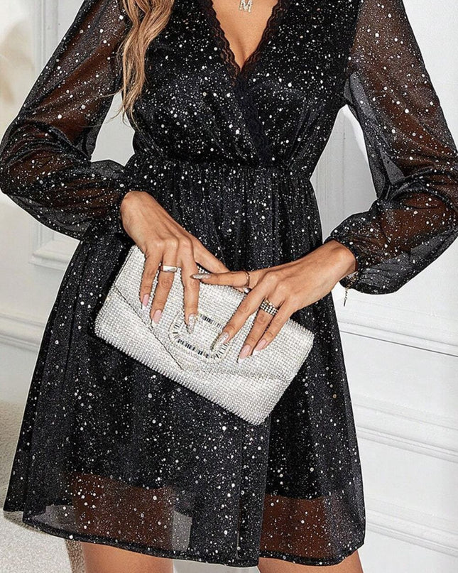 Glitter Surplice Long Sleeve Mini Dress