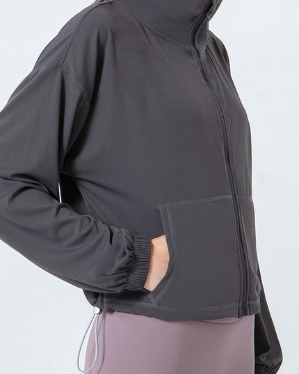 Drawstring Zip Up Dropped Shoulder Active Outerwear