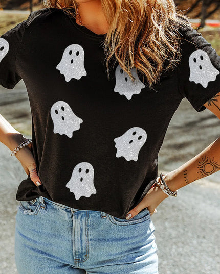 Glitter Ghost Round Neck Short Sleeve T-Shirt