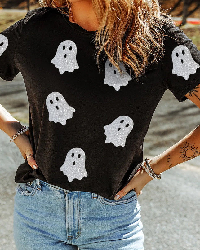 Glitter Ghost Round Neck Short Sleeve T-Shirt
