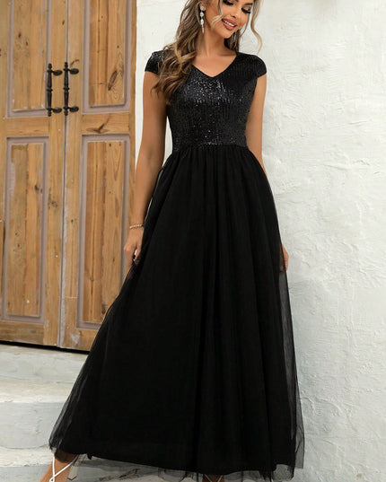 Sequin V-Neck Mesh Maxi Dress