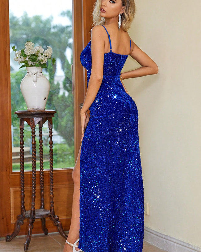 Party Sequin Slit Spaghetti Strap Dress