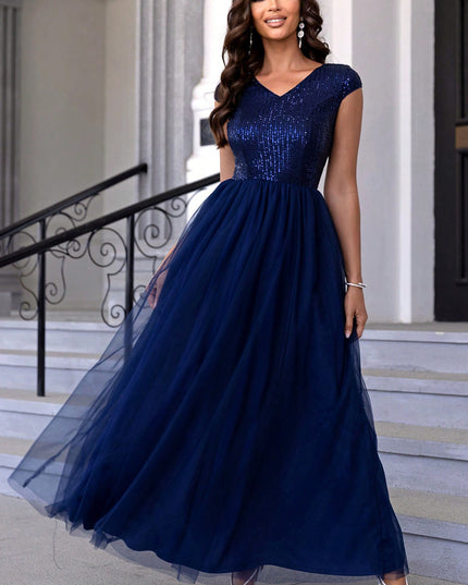 Sequin V-Neck Mesh Maxi Dress