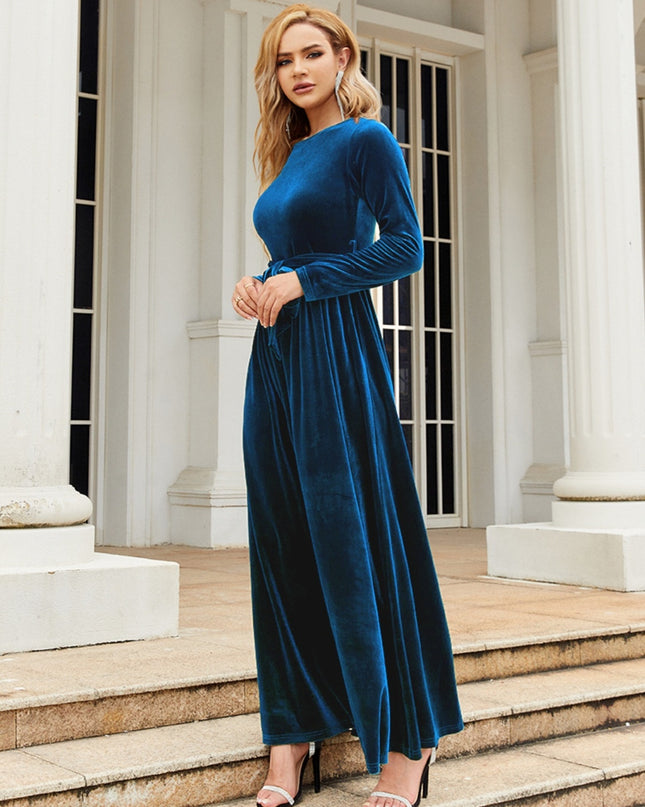 Tie Front Round Neck Long Sleeve Maxi Dress