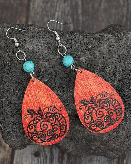 Turquoise Wooden Pumpkin Teardrop Earrings