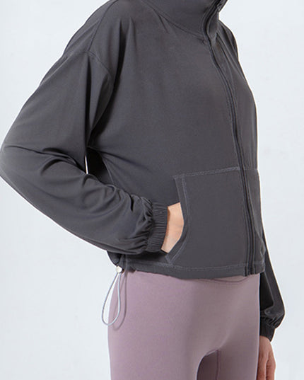 Drawstring Zip Up Dropped Shoulder Active Outerwear