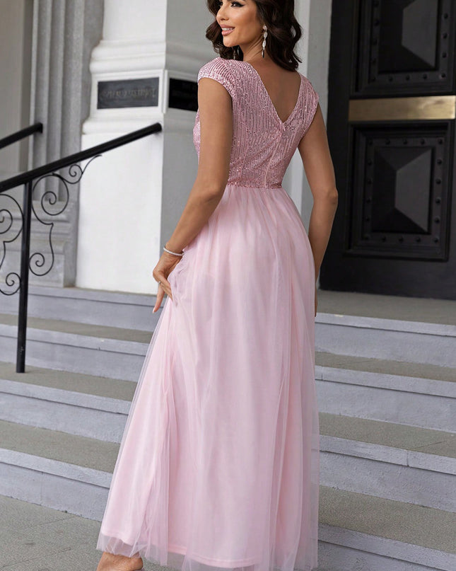 Sequin V-Neck Mesh Maxi Dress