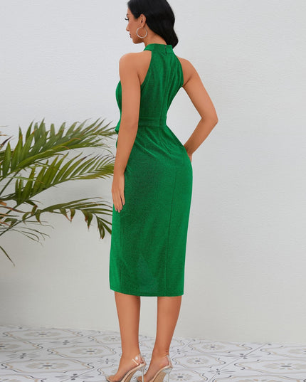 Slit Ruched Mock Neck Sleeveless Dress