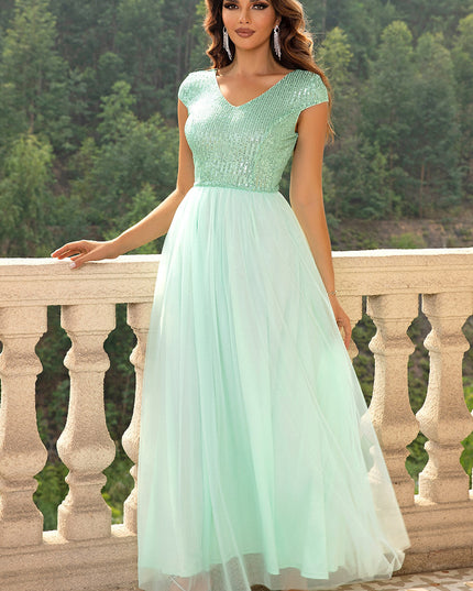 Sequin V-Neck Mesh Maxi Dress