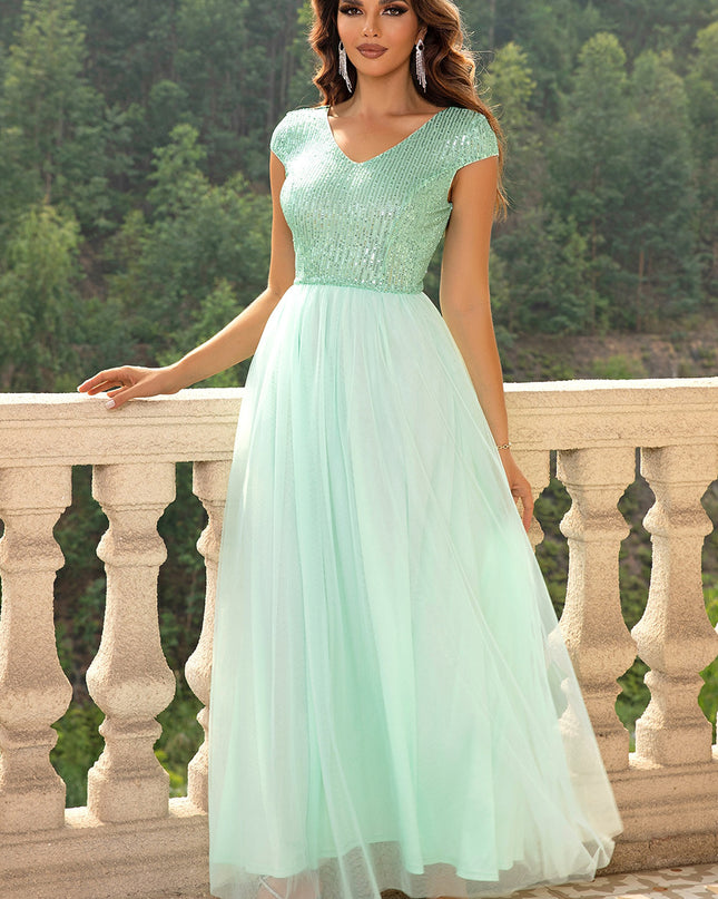 Sequin V-Neck Mesh Maxi Dress