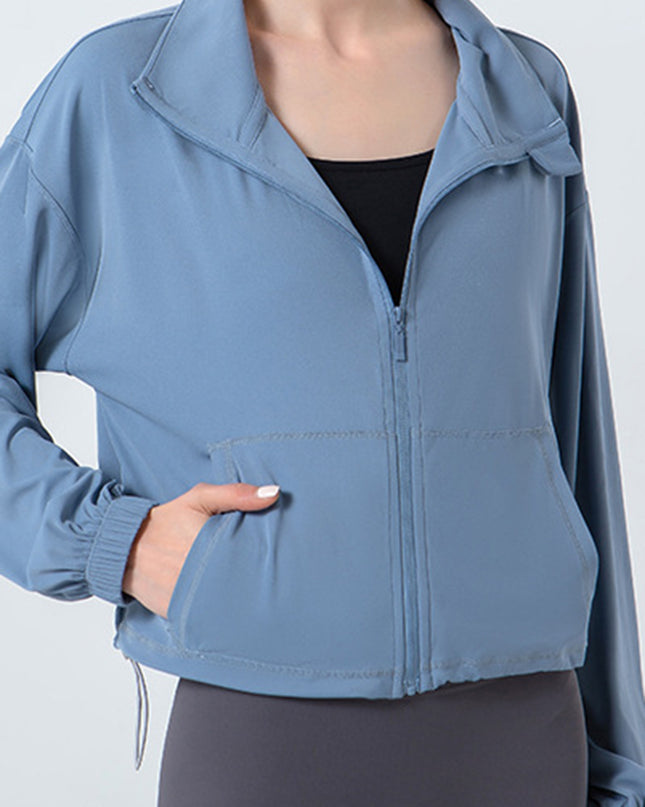 Drawstring Zip Up Dropped Shoulder Active Outerwear