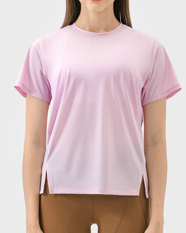 Millennia Slit Round Neck Short Sleeve Active T-Shirt