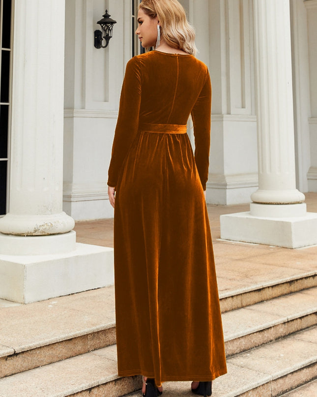 Tie Front Round Neck Long Sleeve Maxi Dress