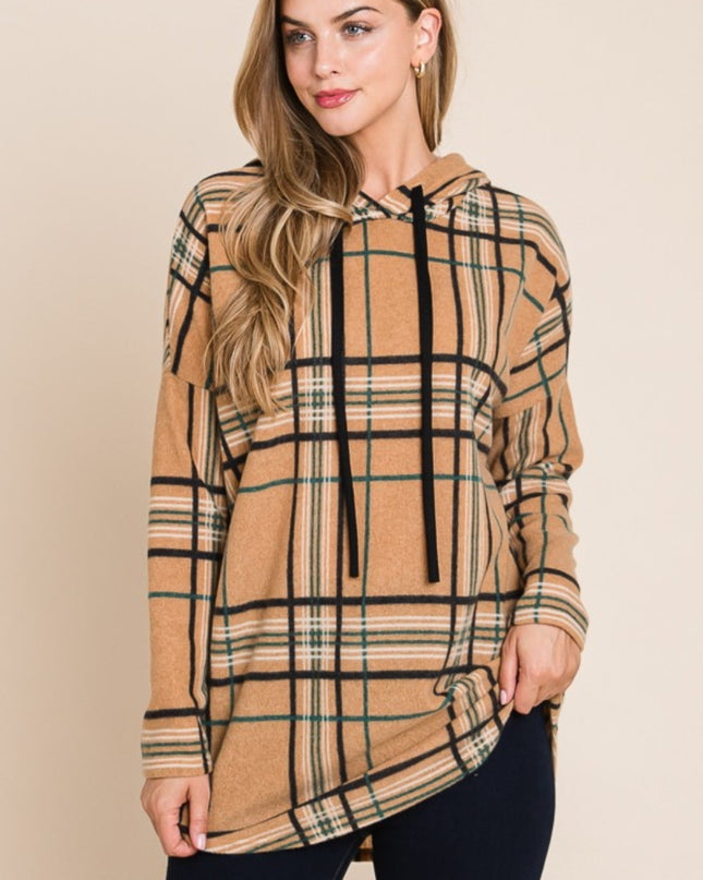 Drawstring Plaid Long Sleeve Hoodie